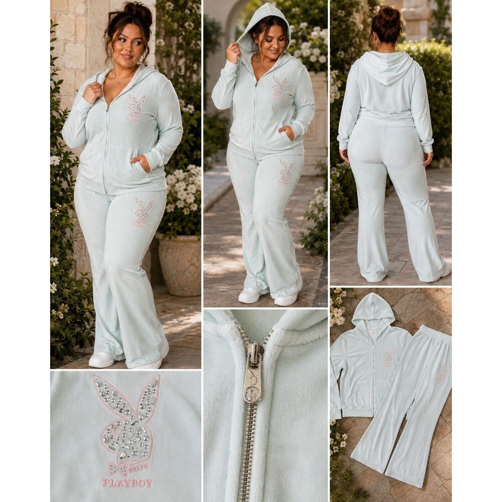 VHTF Rare 3X Playboy Rhinestone Velour Tracksuit Set Pastel Mint Green Mcbling